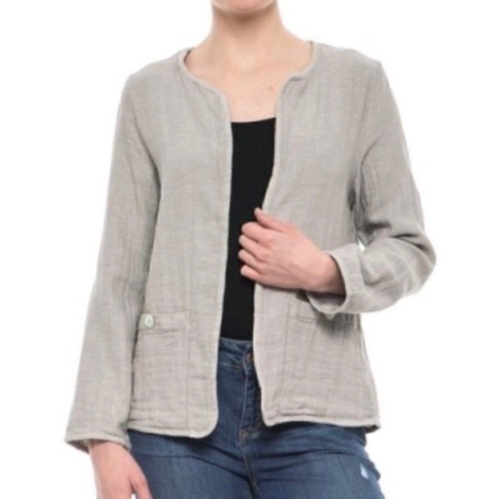 Tahari Gray Collarless Open-Front Linen-Blend Blazer